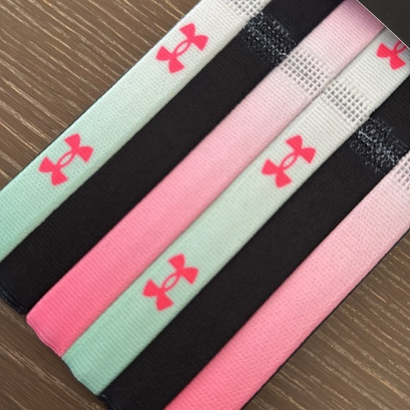 NWT! UNDER ARMOUR girls set of 6 soft elastic headbands. Black green pink. - Picture 4 of 5